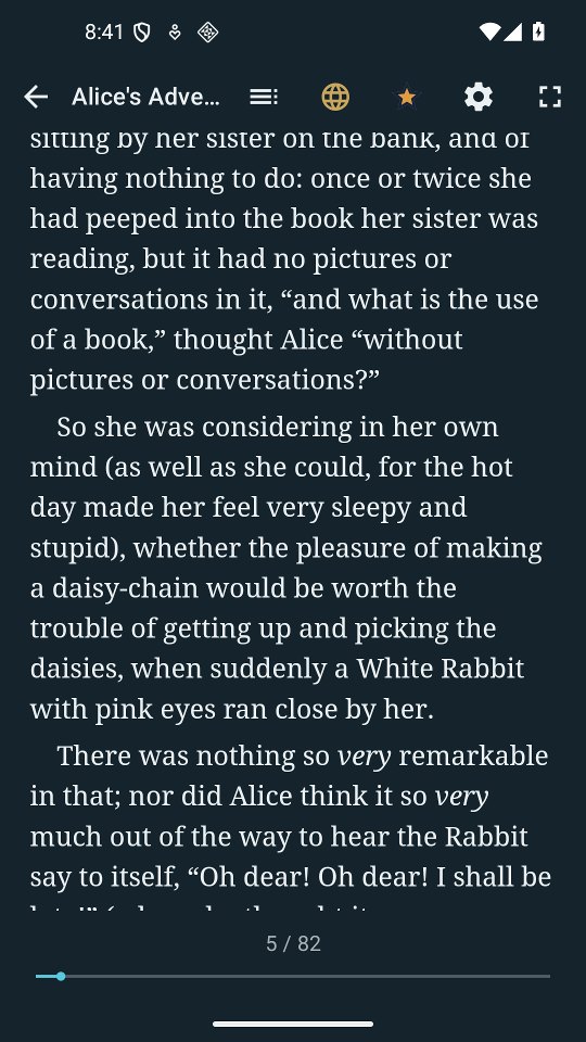 The reader in the dark Midnight theme, light text on a deep navy page, with the reading toolbar at the top and the page counter 5 of 82 at the bottom.
